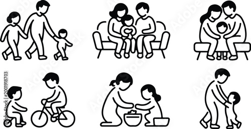 Happy Family Scene Silhouette Icon Collection Set