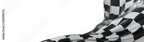 Dynamic image of a checkered flag with a flowing fabric design on a white background, symbolizing speed and victory.