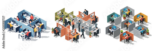 Fotografi Isometric vector of a corporate office cubicle layout with workers and computers