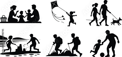 Happy Family Scene Silhouette Icon Collection Set