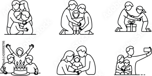 Happy Family Scene Silhouette Icon Collection Set