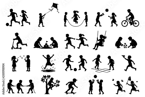 Silhouettes of children playing: activities and games in black and white.