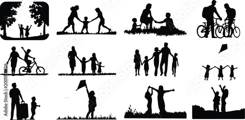 Happy Family Scene Silhouette Icon Collection Set