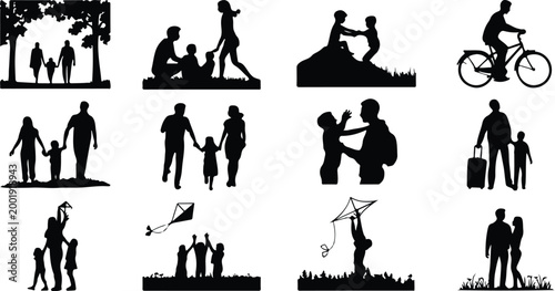 Happy Family Scene Silhouette Icon Collection Set