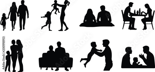 Happy Family Scene Silhouette Icon Collection Set