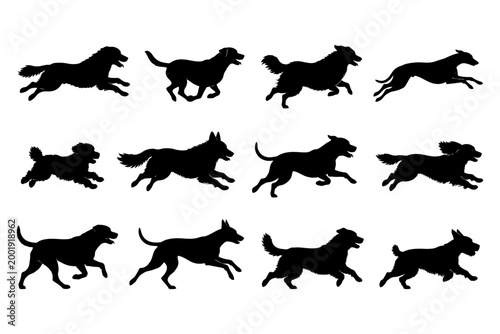 Silhouettes of various dog breeds in motion.