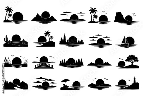 Silhouette sunset landscape collection with various nature and ocean scenes.