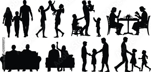 Happy Family Scene Silhouette Icon Collection Set
