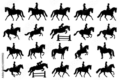 Silhouette equestrian figures depicting various riding skills and poses.