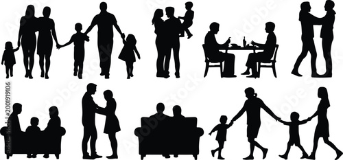 Happy Family Scene Silhouette Icon Collection Set