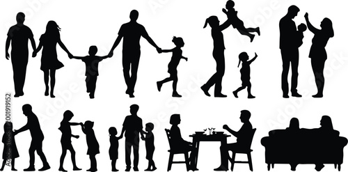 Happy Family Scene Silhouette Icon Collection Set