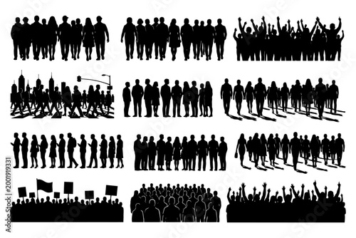 Silhouettes of diverse crowds in various group formations.