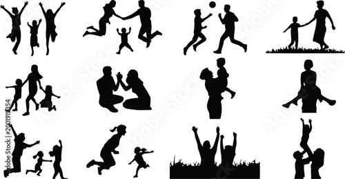 Happy Family Scene Silhouette Icon Collection Set
