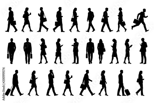 Silhouette collection of business people walking and using phones.