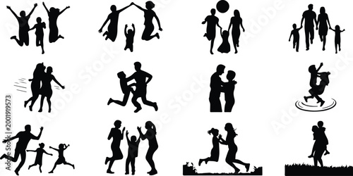 Happy Family Scene Silhouette Icon Collection Set
