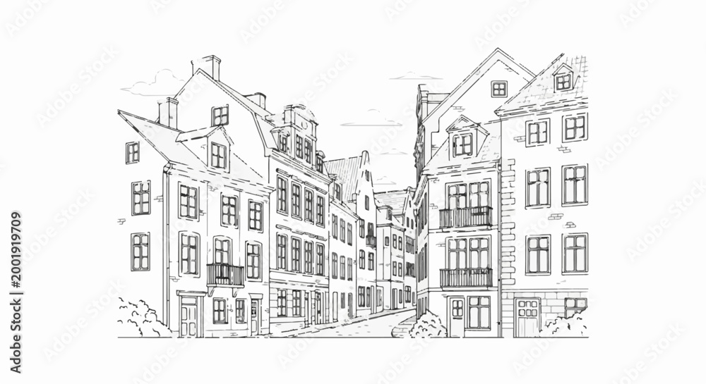 Obraz premium Sketch of a charming European street with old buildings