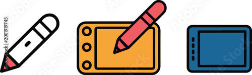Digital drawing tablet and stylus pen vector icon set featuring creative graphic design tools in colorful flat and outline styles isolated on white background.