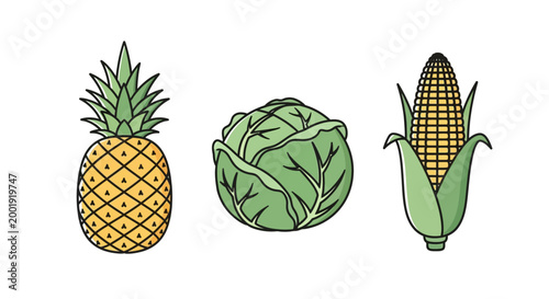 Pineapple cabbage corn vegetable fruits.