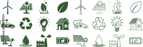 Green energy icons collection isolated on transparent background