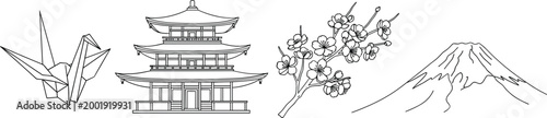 Japanese culture elements set with origami crane pagoda cherry blossom and Mount Fuji hand drawn line vector illustration isolated on white background