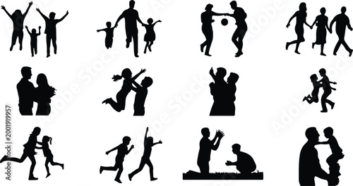 Happy Family Scene Silhouette Icon Collection Set
