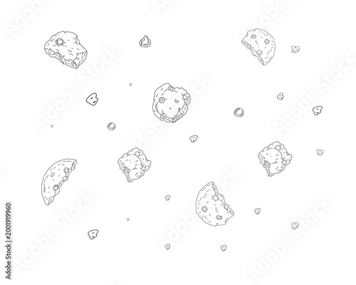 hand drawn chocolate chip cookie set doodle line art with whole broken crumbs biscuit collection bakery food illustration minimal outline vector isolated white background sweet snack dessert