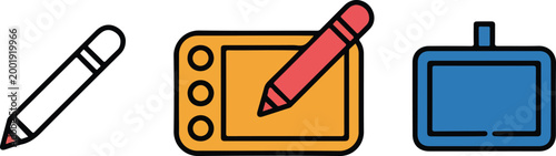 Digital drawing tablet and stylus pen vector icon set featuring creative graphic design tools in colorful flat and outline styles isolated on white background.