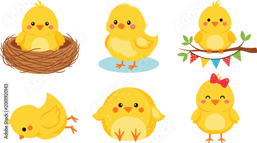 Cute chick characters set with baby chickens in different poses cartoon vector illustration collection isolated on white background