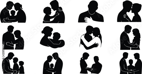 Happy Family Scene Silhouette Icon Collection Set