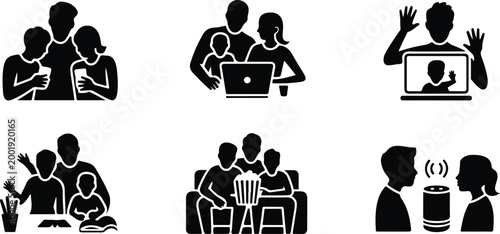Happy Family Scene Silhouette Icon Collection Set