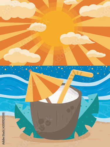 Tropical Summer Beach Scene with Coconut Drink Illustration
