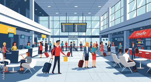 Crowd of Travelers Waiting in Modern Airport Terminal.