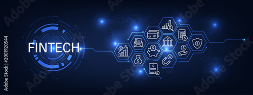 Fintech with digital world map on futuristic background. Financial technology and business concept. Digital finance in the online world consists of various kinds of currencies. Vector illustration.