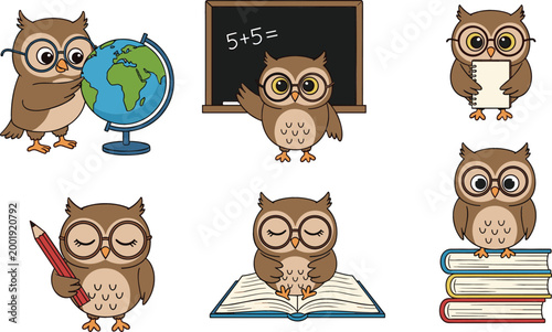 Cute owl teacher characters set with school elements globe books and chalkboard cartoon vector illustration isolated on white background