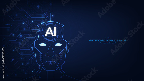 Humanoid with a circuit board on a futuristic background. Cyborg faces with AI text in a head. Data search optimization by artificial intelligence. Neural networks and AI technology. Vector.