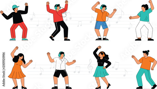 People dancing to music set with men and women enjoying rhythm and movement cartoon vector illustration collection isolated on white background