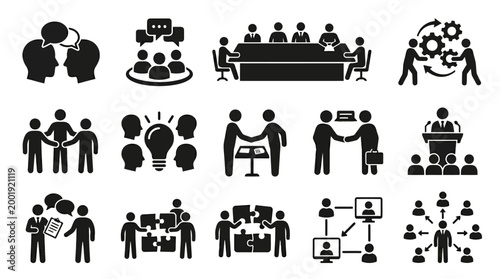 Business meeting icons set black silhouettes on white background