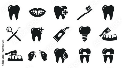 Dental icons set black silhouettes on white background