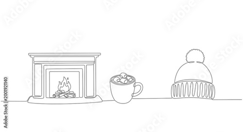 Cozy winter scene in continuous line art a crackling fireplace, a steaming mug of hot chocolate topped with marshmallows, and a warm knitted hat, perfect for festive holiday illustrations