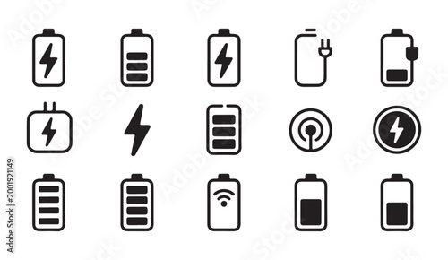 Collection of battery indicators featuring vertical layouts with wireless and plug connection signs.