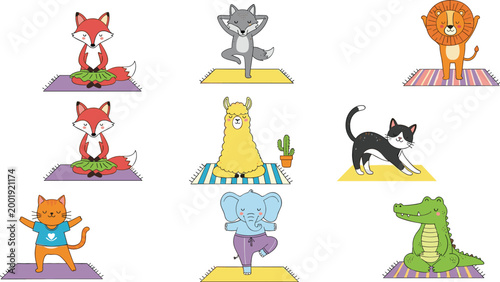 Cute animals doing yoga set with fox wolf lion cat elephant and crocodile cartoon vector illustration collection isolated on white background