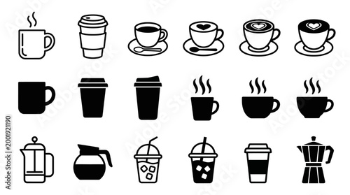 Coffee cups and beverage icons set black and white
