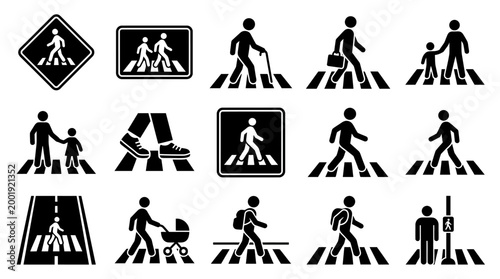 Pedestrian crossing signs and symbols collection black and white