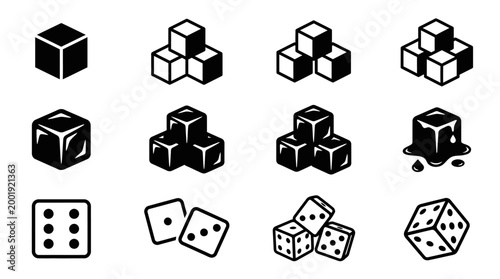 Black Isometric Cube Icons and Dice Set Isolated Vector Illustration