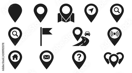 Location pin icons set black silhouette style