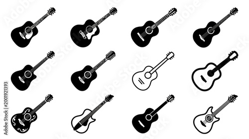 acoustic guitars black silhouette set on a white background