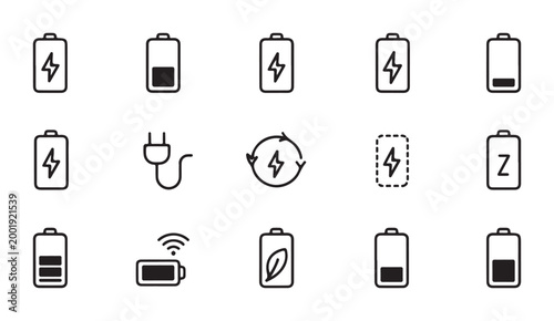 Professional bundle of vector battery glyph icons for mobile devices and energy storage applications.