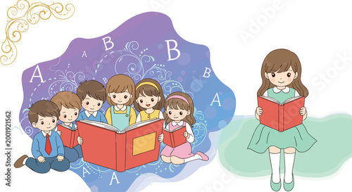 Kids reading books together and girl reading alone education and literacy concept cartoon vector illustration isolated on white background