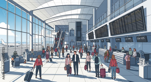 Modern Airport Terminal Interior with Travelers and Luggage.