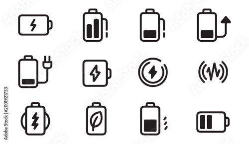 Modern collection of bold battery icons for charging energy monitoring and power level indicators.